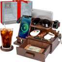 Wood Phone Docking Station with Drawer, Compatible with Apple Watch - Wood Charging Station Organizer Stand, Bedside Nightstand Organizer for Men, Holds Phone, Tablet, Keys, Glasses, EDC (Brown)