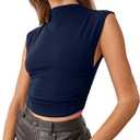 IECCP Women's Sexy Mock Neck Sleeveless Crop Tank Tops Summer Trendy Side Ruched Blouse L