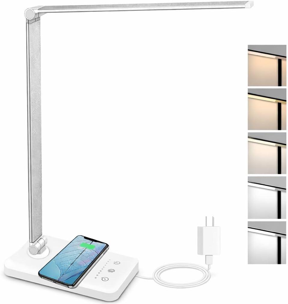 LED Desk Lamp with Wireless Charger, USB Charging Port, Dimmable Eye-Caring Desk Light with 5 Brightness Levels & 5 Lighting Modes, Touch Control, Auto Timer (White)