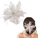 Vintage Feather Flower Hair Clips with Pearl Large Crystal Floral Barrettes Hair Pieces Handmade Bridal Wedding Hair Accessories for Women (White+Twisted Wires+Feather+Crystal+Beads)
