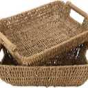 HOMESTEAD Seagrass Baskets with Wooden Handles for Storage, Medium Rectangular Wicker Basket for Bedroom, Living Room, Bathroom, Shelves - 2 Packs