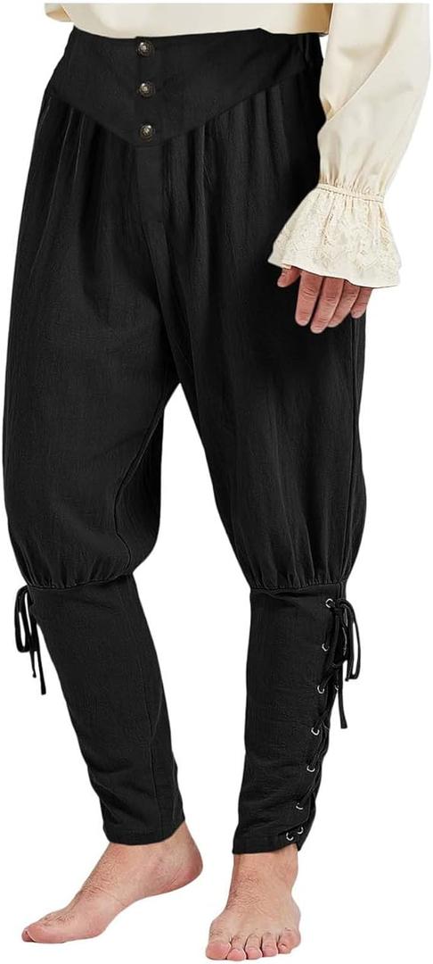 Mens Medieval Ankle Pants Viking Renaissance Costume Lace Up Pirate Pants Casual Trousers 2024 Work Pants for Men
 (Medium, Black)