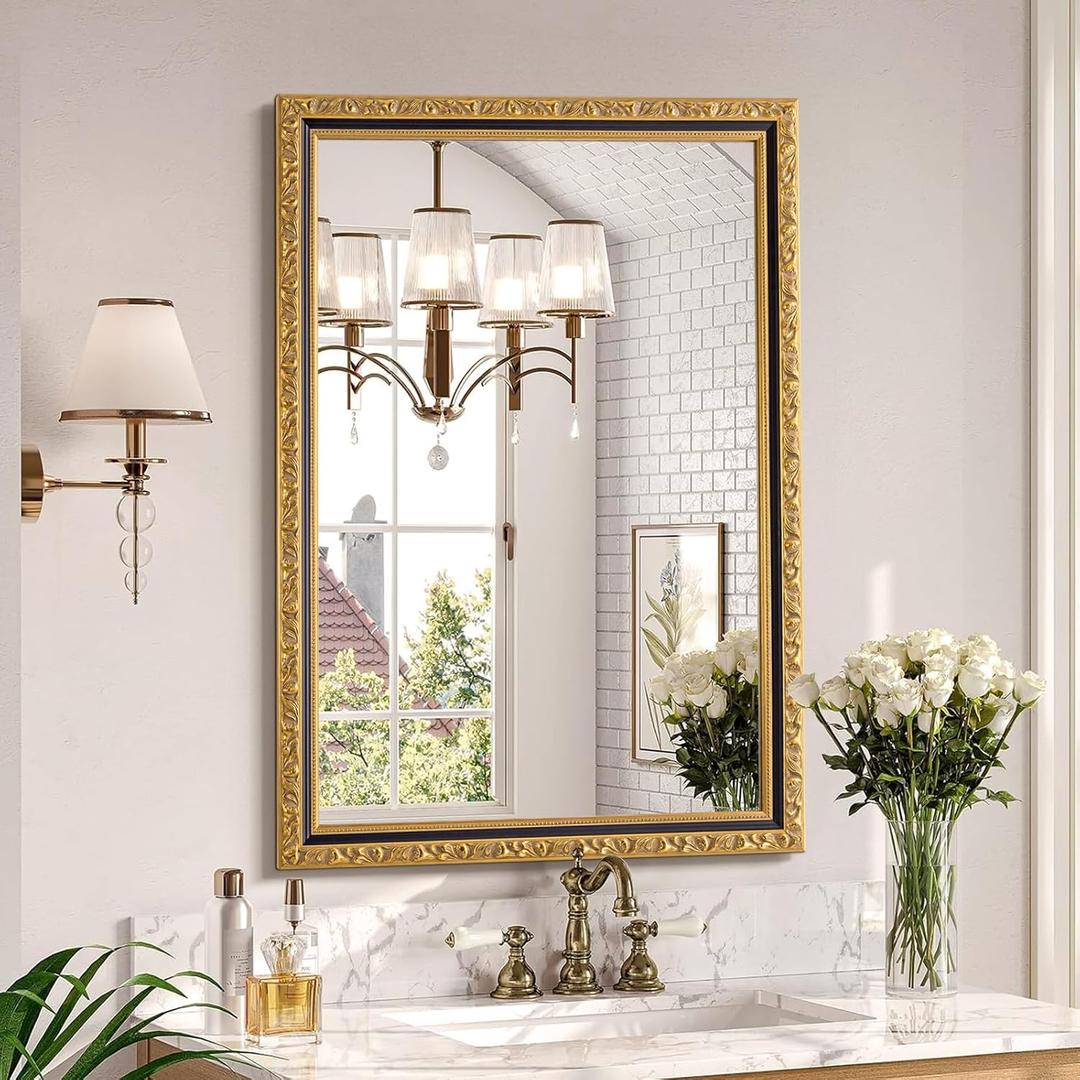 Vintage Black Gold Bathroom Mirror, 28 x 40 Inch Baroque Wall Mirror