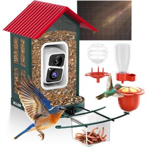SOLIOM Smart Bird Feeder with Camera for Outdoors, Durable Metal Solar AI Birdhouse, 2K Live View & Instant Alerts, Squirrel-Proof  Complete Bird Watching Gift Set(Red)
