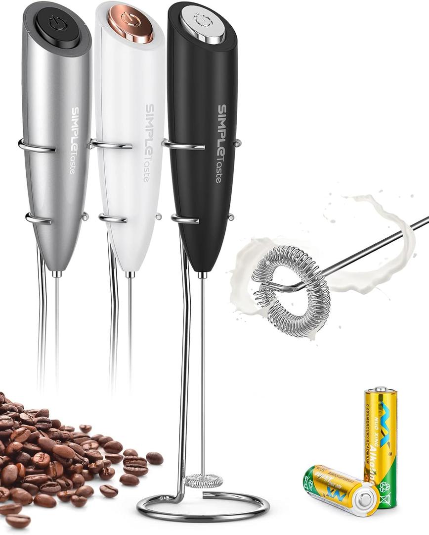 SIMPLETaste Milk Frother Handheld Battery Operated Electric Foam Maker, Drink Mixer with Stainless Steel Whisk and Stand for Cappuccino, Bulletproof Coffee, Latte (With Stand, Black)