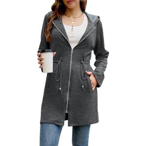 Fisoew Women's Zip Up Hoodie Sweatshirts Fleece Long Sleeve Casual Drawstring Waist Long Jackets Coat (Dark Grey)
