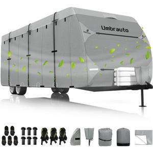 Umbrauto RV Cover Fits 24-27ft Travel Trailer: Lightweight, Waterproof Camper Cover for Toy Hauler, Winter Campsite, with Gutter Covers, Tongne Jack Covers, Windproof Straps