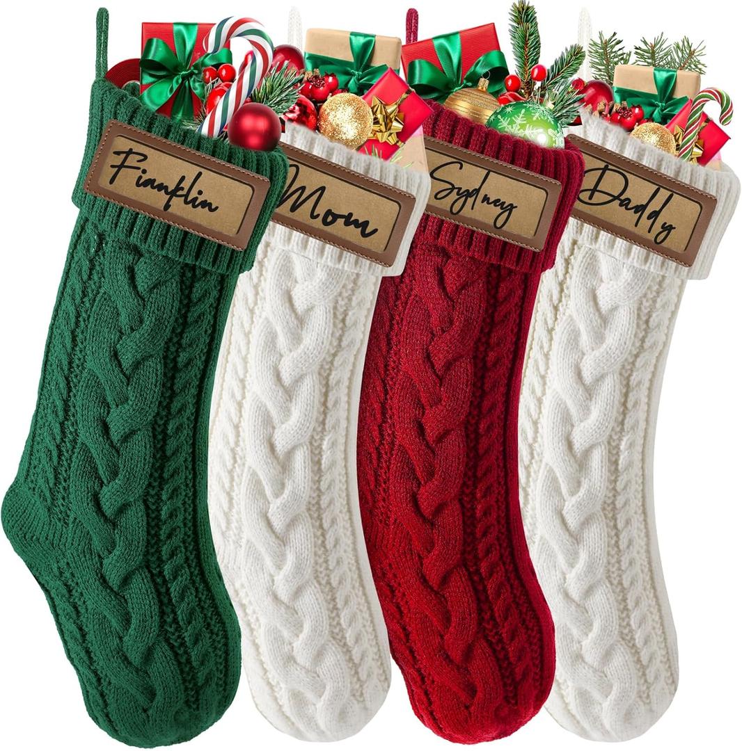 steo spce 4 Pack Personalized Christmas Stocking with Leather Patches Custom Name Family Christmas Stockings, 18.5 Large Knitted Xmas Stockings for Kids, Holiday and Fireplace Party Decoration (Green)