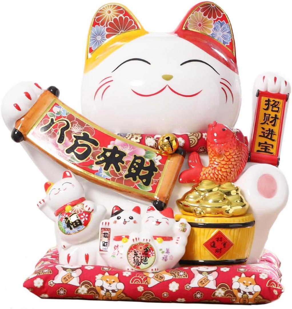 Lucky Figurines Cat Waving Arm Statue,Chinese Ceramic Fortune Cat,Japanese Good Luck Cat for Home, Office, Store, Moving Arm Money Cat