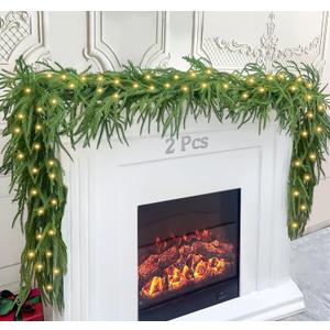 2Pcs 6 Ft Artificial Norfolk Pine Garland with 50 LED Lights, Winter Pine Christmas Garland with Lights, Real Touch Faux Greenery Garland for Mantle Fireplace, Table, Window, Outdoor Christmas Decorations