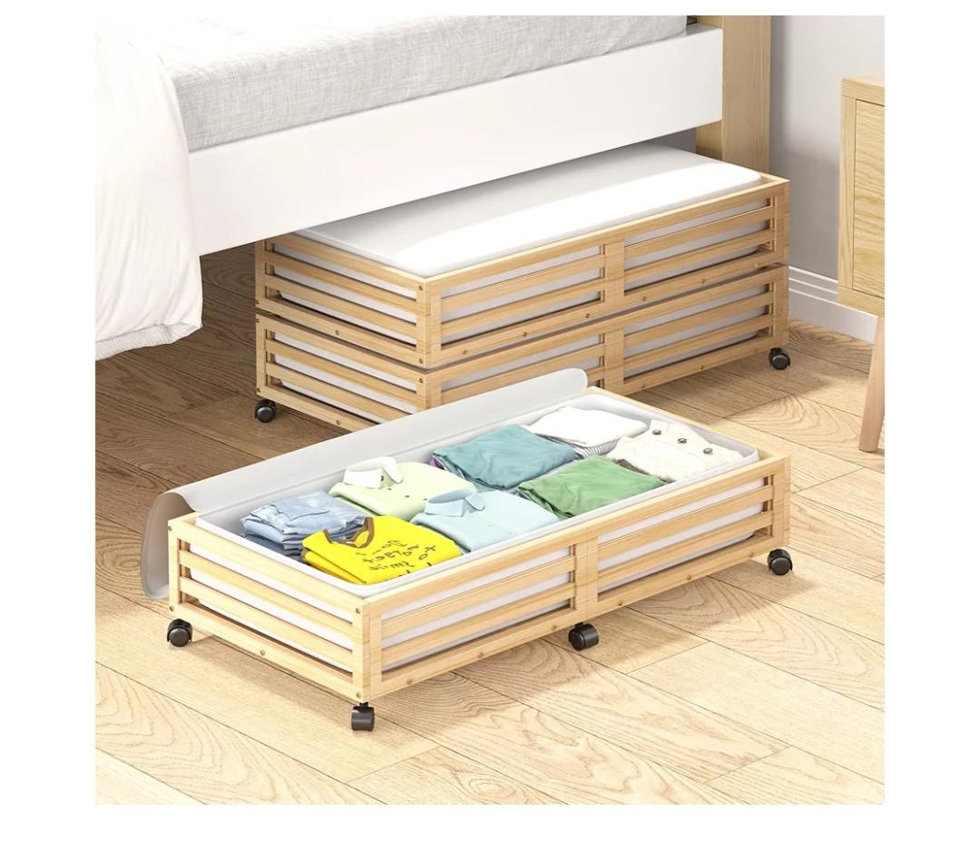 Bamboo Under Bed Storage Containers- Underbed Organizer with Wheels with Large Capacity Dust Bag,Sturdy Wood Rolling Under Bed Shoe Storage Organizer 2 Packs (Nature, 2 Packs (33.07"×16.54"))