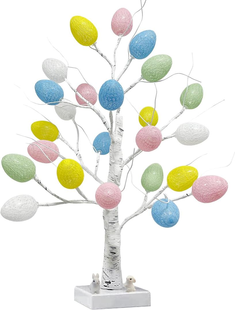 Easter Decorations,Pre-Lit Artificial Easter Egg Tree with LED Lights,2FT Lighted Birch Tree,Light up Tree Lamp for Spring Holiday Tabletop Decor