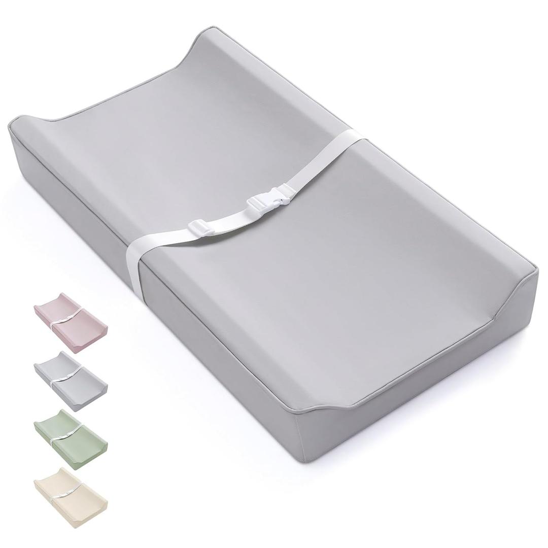Blissful Diary Vegan Leather Baby Changing Pad with Waterproof & Wipe-Clean PU Cover, Standard Size Cozy Diaper Changing Pad for Dresser and Table, Light Gray