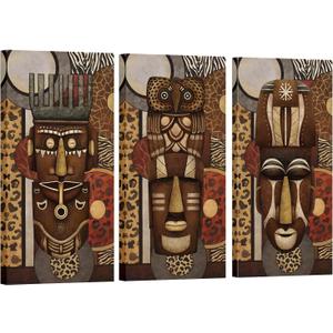 DuoBaorom African Masks Wall Decor Brown Yellow Ethnic Ancient Retro Artwork Tribal Painting for Bedroom 12x24inchx3pcs