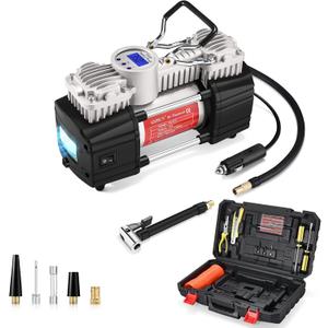 GSPSCN 6X Faster Inflation Portable Digital Air Compressor Pump Tire Inflator Heavy Duty Double Cylinder 12V Tire Pump 150 PSI with Tire Repair Kit and Toolbox for Auto,SUV,Off-Road,Truck,RV