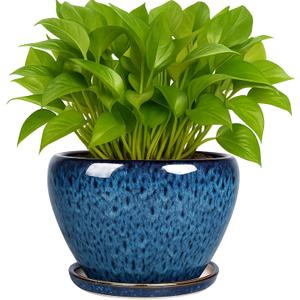Deep Dream 6 Inch Plant Pots- Ceramic Planter Pot with Drainage Hole and Saucer, Round Flower Pot for Indoor Outdoor Succulent, Snake Plants and Cactus, Blue