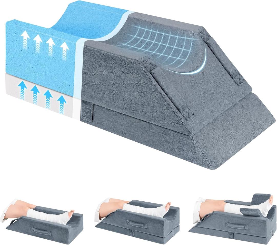 Wellsin 4-Height Adjustable Leg Elevation Pillows for After Surgery, Knee and Ankle Injuries, Memory Foam Leg Wedge Pillow with 3 Handles, 1 Insert Pad and Washable Velvet Cover (Grey)