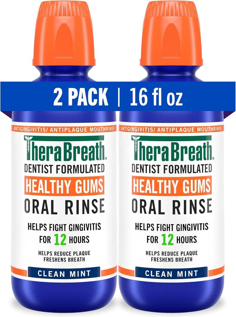 TheraBreath Healthy Gums Oral Rinse, Antigingivitis, Clean Mint Flavor, Dentist Formulated to Help Prevent Gingivitis and Support Gum Health, Alcohol Free, 16 Fl Oz, Exp: 09/2027 (Pack of 2)