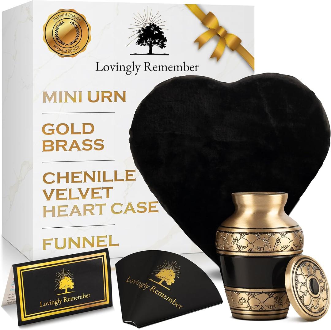 Mini Urns for Human Ashes Keepsake Gold Brass and Chenille Velvet Heart Case