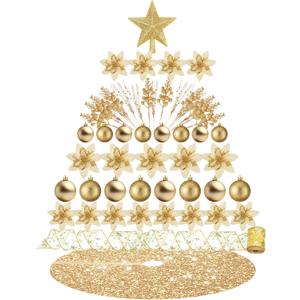 Realspring 72 Pieces Christmas Tree Ornament Set Xmas Assorted Decorations Bulk Glitter Poinsettia Berry Picks Topper Star Sequin Tree Skirts for Home Wreaths Holiday Party Favors (Champagne Gold)