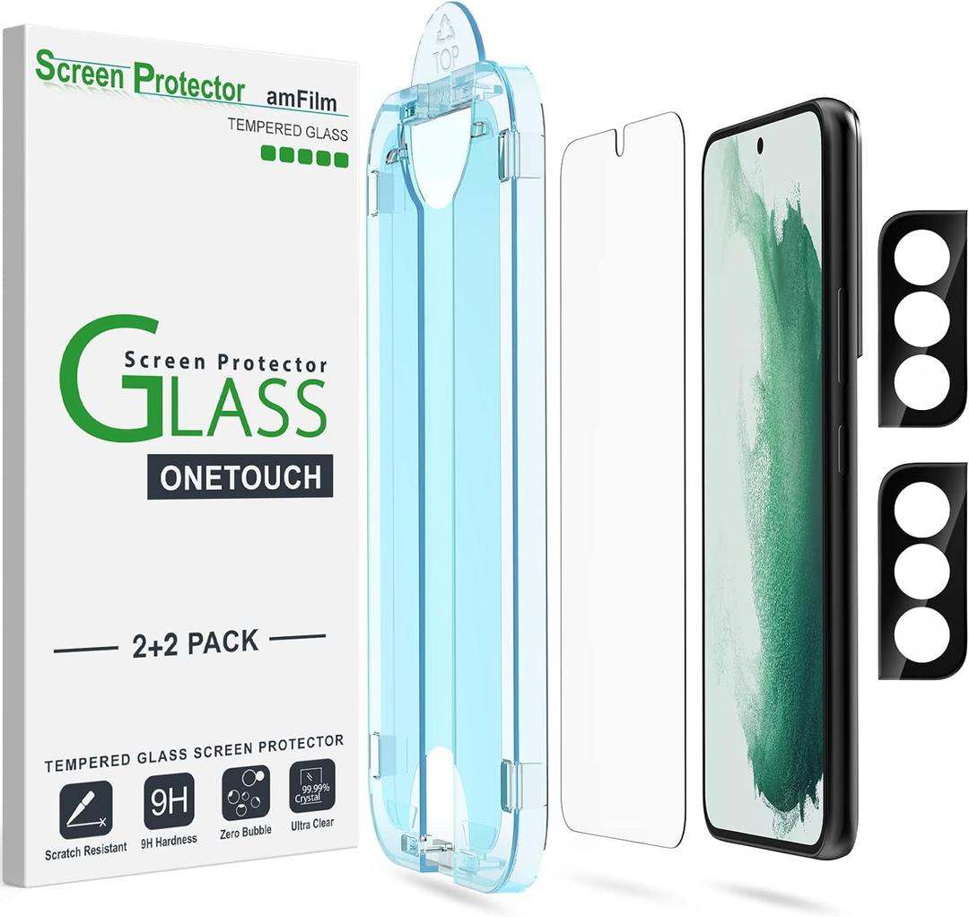 amFilm OneTouch Screen Protector for Samsung Galaxy S22 5G 6.1 Inch, 9H Hardness with Camera Lens Protector, Easiest to Installation and Bubble Free, Tempered Glass, 2 Pack (S22-6.1")