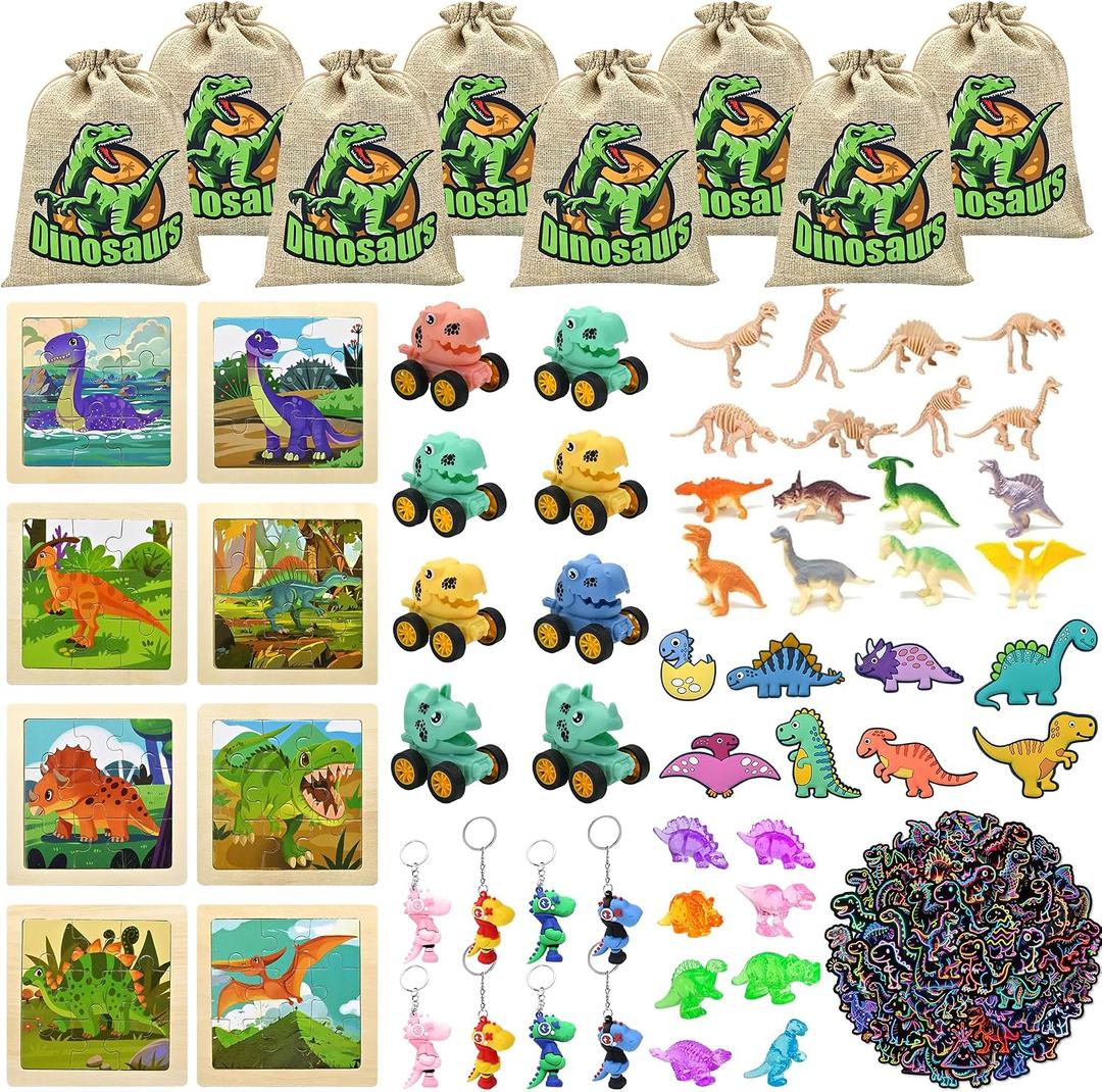 128PCS Dinosaur Party Favors for Kids, Dino Birthday Goodie Bags Set with Puzzles, 50 Stickers, Keychains, Fridge Magnets, Acrylic Crystal Dinosaurs, Dino Pull-Back Cars, Bookmarks & Burlap Gift Bags
