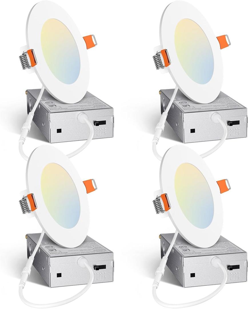 Amico 4 Pack 4 Inch 5CCT Ultra-Thin LED Recessed Ceiling Light with Junction Box, 2700K/3000K/3500K/4000K/5000K Selectable, 10W Eqv 60W 800LM Brightness Dimmable Canless Wafer Downlight, ETL & FCC (White)