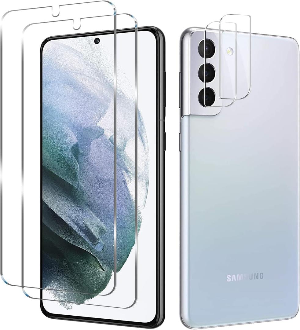 Galaxy S21 Tempered Glass Screen Protector + Camera Lens Protector [ 2 + 2 Pack ][Case Friendly] [Anti-Scratch] [Ultrasonic Fingerprint Unlock] Clear HD Glass Protective Film for Samsung Galaxy S21 (Transparent)