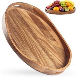 Serving Tray with Handles, Acacia Wood Oval Tray 17.3x12.9x1.9 Inch Large Wooden Coffee Table Ottoman Tray Breakfast in Bed Tray Decorative Rustic Farmhouse Home Dcor Tray for Drinks Snacks & Candles