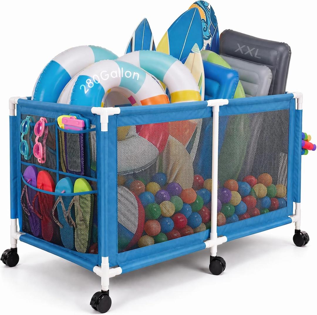 280 Gallon 69" Pool Storage Bin XXL Extra Large Swimming Pool Float Storage Bin, Pool Noodles Holder, Toys, Floats, Balls and Floats Equipment Mesh Rolling Bin for Garden Lawn, 69" Lx32 Wx35 H (Blue)