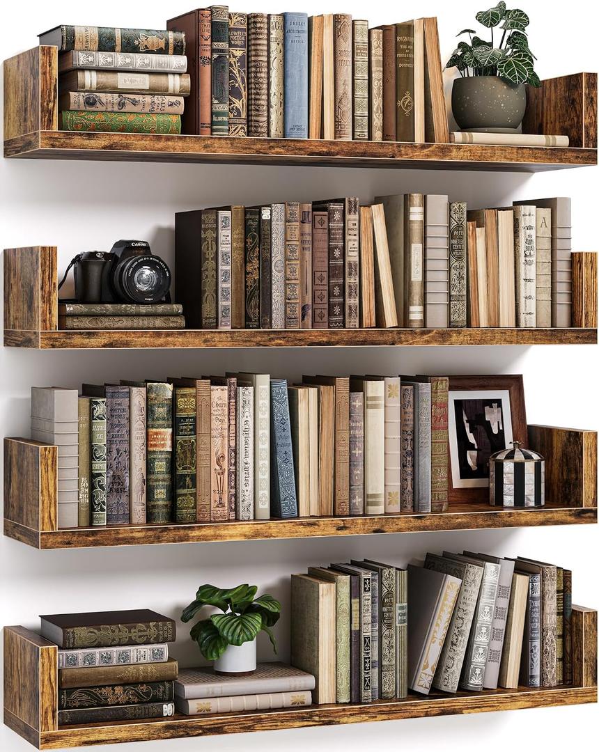 Floating Bookshelves for Wall - Wall Mounted Bookshelf Set of 4, U-Shaped Hanging Bookshelf for Bedroom, Living Room & Office, Wall Book Shelf for Home Decor & Storage (4, Rustic Brown, 23.63 Inches)