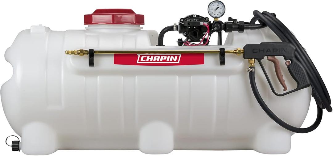 Chapin 97500E Made in The USA 25 Gallon Deluxe Dripless ATV/UTV 12 Volt Mounted Spot Sprayer with 5 Inch Wide Mouth, High Performing 12 V Diaphragm Pump and Filtration System, Translucent White