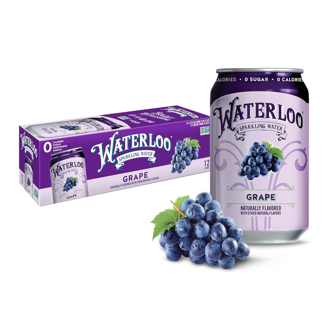 Waterloo Sparkling Water, Grape Naturally Flavored, 12 Fl Oz Cans (Pack of 12) Zero Calories and Zero Sugar or Sweeteners (EXP 12/18/26)