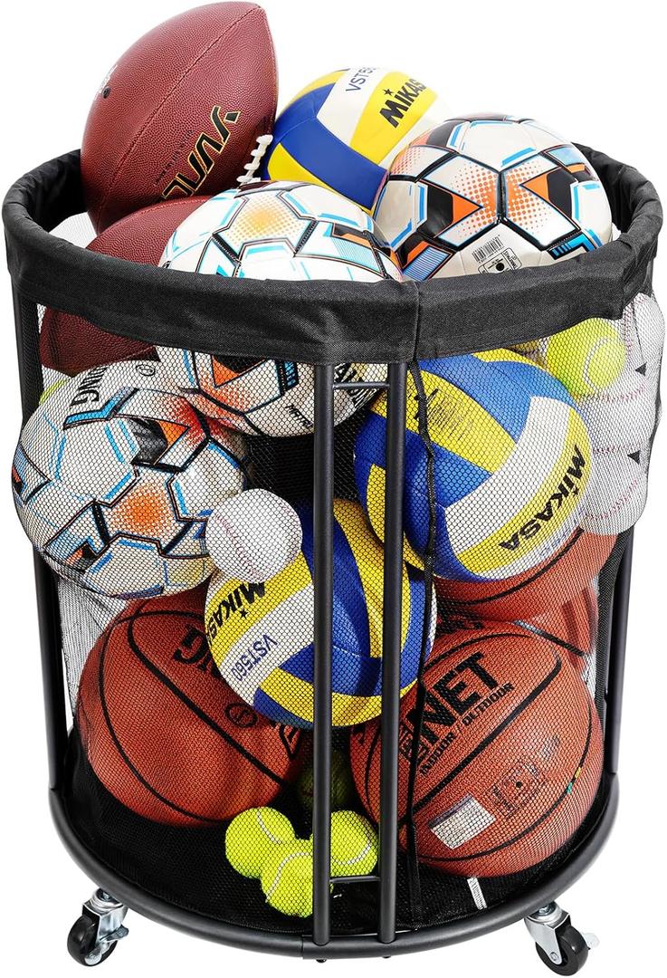 Ball Storage Bin, Sports Ball Storage Cart, Ball Holder with Wheels for Basketball, Soccer, Garage, School, Indoor, Outdoor Ball Basketball Storage Rack Upgraged (XL)