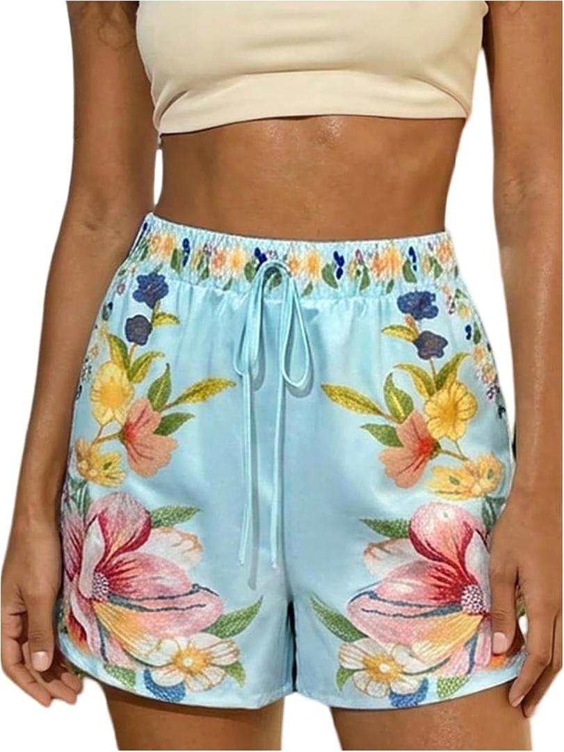 MakeMeChic Women's Summer Beach Shorts Tropical Boho Wide Leg Vacation Shorts, 