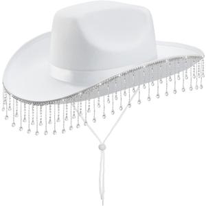 quescu Bridal Cowgirl Hat for Bachelorette Party,Rhinestone White Cowboy Hat for Women Bride To Be Gift,Halloween Costume (Style 2)