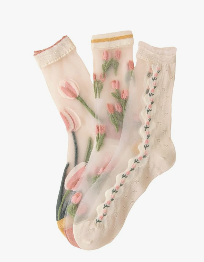 Verdusa Women's 3 Pairs Sheer Mesh Socks Floral Thin Socks
