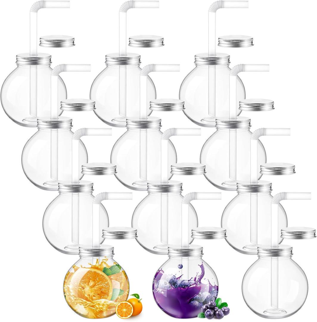 FillTouch 12 Sets 17 oz Plastic Fish Bowls with Straws and Lids Clear Reusable Fishbowl Cups for Drinks Spherical Bulb Cups for Birthday Competition Sport Summer Party Supplies, 2 Types of Lids