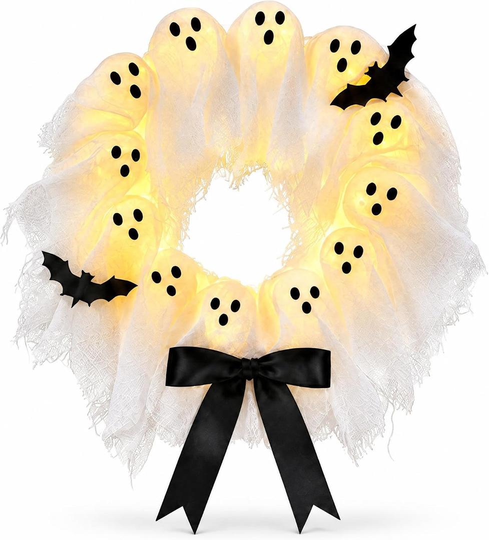 Halloween Lighted Ghost Wreath, 14 Inch LED Ghost Door Hanging