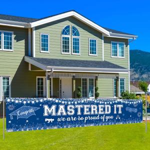 Blue & White Master's Graduation Banner Decoration: Mastered It Yard Banner We Are So Proud of You Backdrop - Large Navy Yard Sign Decor for Master Degree Graduate Party Supplies