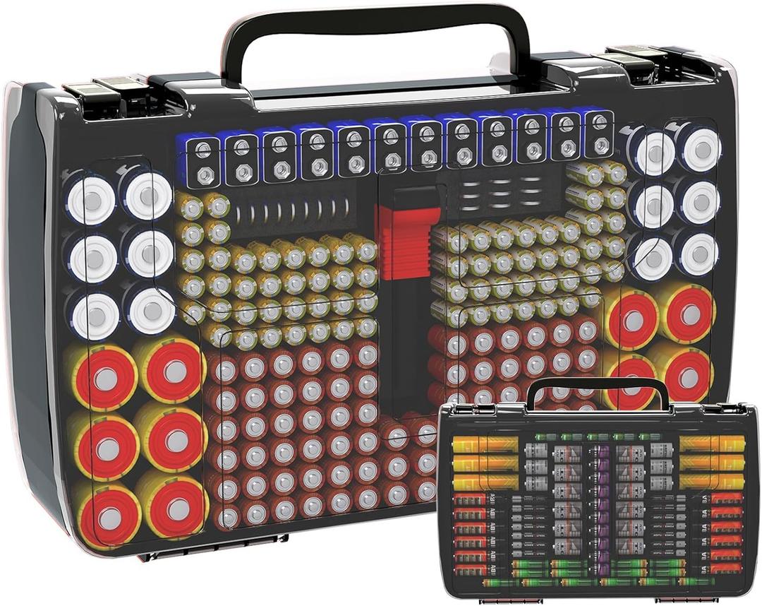 Battery Organizer Storage Case with Tester, Holds 269 Batteries Double Sided Box for AA AAA 4A C D Cell 9V 3V Lithium LR44 CR2 CR123 CR1632 18650 Button, Heavy Duty Holder for Families & DIYers- Grey