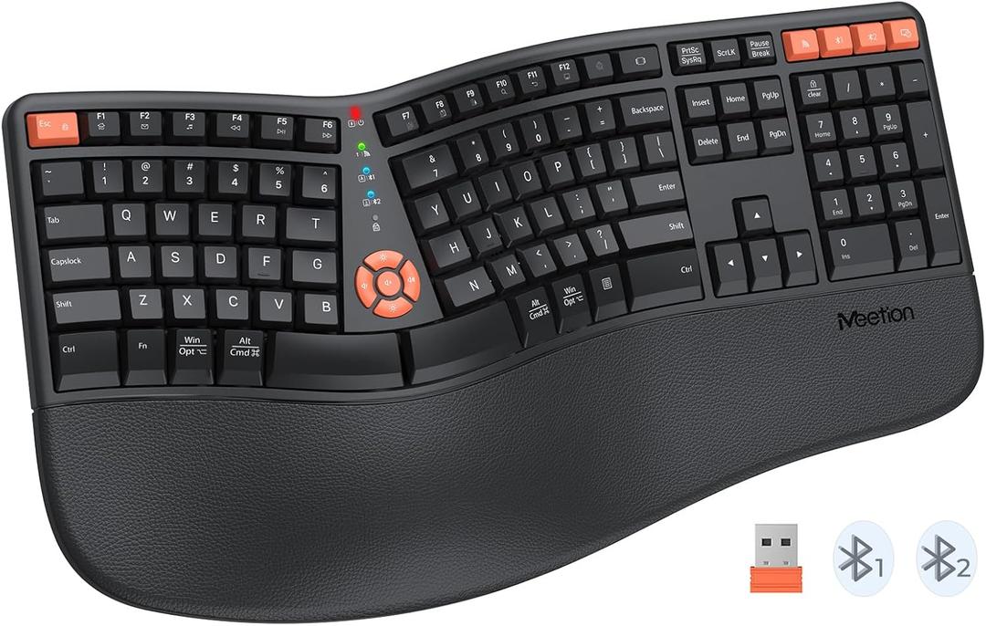 MEETION Ergonomic Keyboard, Wireless Split Ergo Keyboard with Cushioned Wrist Rest, Full Size, USB-C Rechargeable, USB & Bluetooth Keyboard for Multi-OS Windows/Mac, Computer/Laptop/Tablet, We-Black (Black Large (19.11101.7 inches))