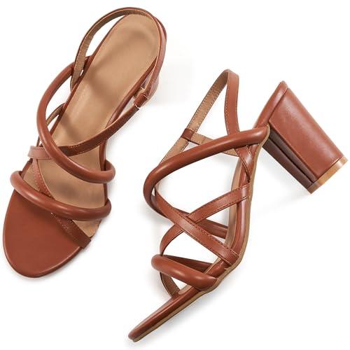 Aomigoct Chunky Heels for Women Prom: Brown 6.5 Comfortable Strappy Open Toe Heeled Sandals - Ankle Strap Wedding Dress Heel Shoes Size 10