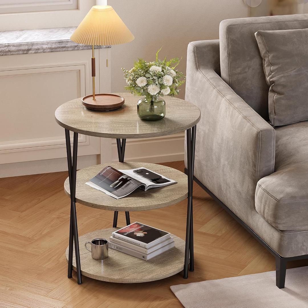 23 Inch Round Side Table 3-Tier End Table Living Room Small Patio Table Nightstands Round Coffee Table Spacious Top for Couch Bedroom 3 Storage Shelves Accent Coffee Table, Caramel Gray