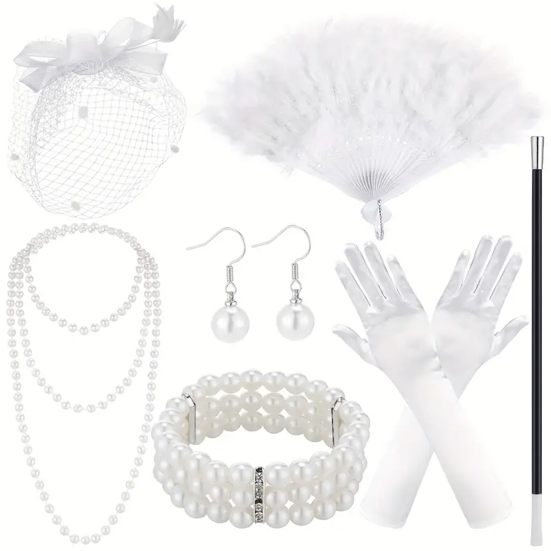 Tea Party Costume Accessories Set Funeral Hat with Veil Fan and Satin Gloves for Halloween Women Costume