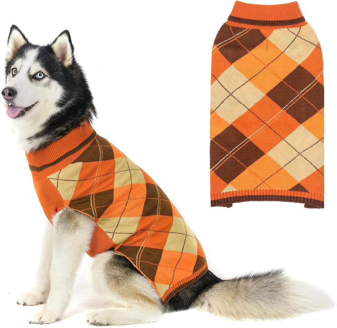 KOOLTAIL Fall Dog Sweater Pet Knitted Clothes - Classic Plaid Pullover Turtleneck Thanksgiving Dog Sweaters with Leash Hole, Thick Cold Weather Pet Outfits for Dogs Cats Puppy, Large (Orange)