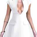 YMDUCH Women's Sexy Deep V Neck Cap Sleeve A-line Mini Club Party Dress (Medium, White)