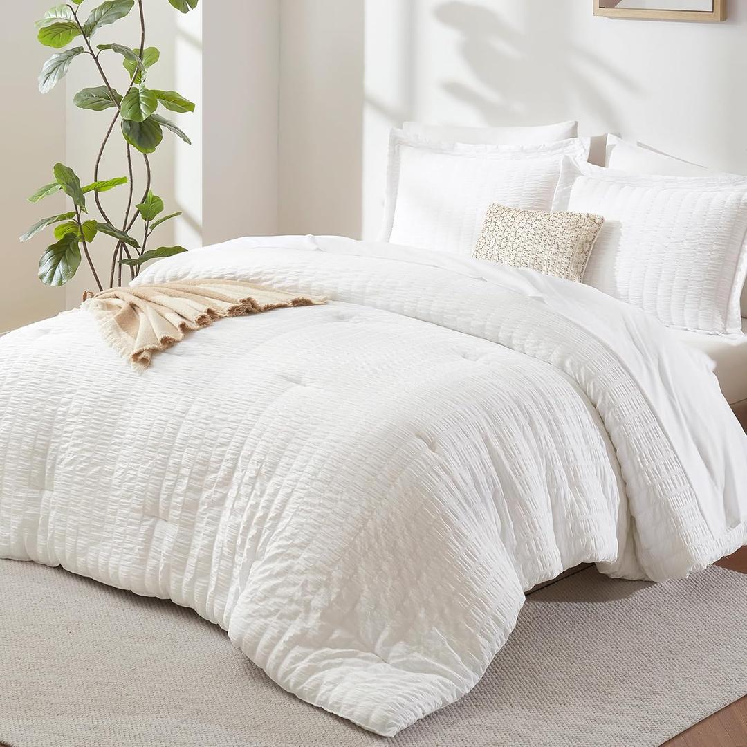 CozyLux King Size Comforter Set White Seersucker 7 Pieces Bed in a Bag King Comforter Set with Sheets, Luxury Soft Bedding Set with Down Alternative Comforter, Sheets, Pillowcases & Shams All Seasons