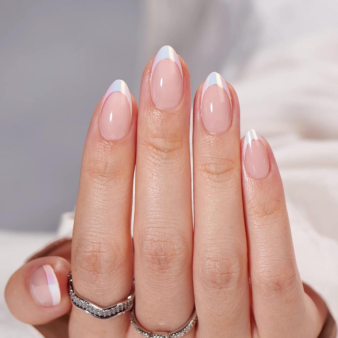 BTArtbox French Tip Press On Nails - White Press On Nails Almond, Short Fake Nails with Nail Glue, Fit Perfectly & Natural Reusable Stick on Nails in 16 Sizes, Mermaid