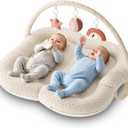 Twins Baby Play Mats for Floor Activity Gym - 5-in-1 Support Cushion Baby Play Mat Tummy Time Mat for Supervised Bonding with Arch, Plush Toys, Flashcards & Developmental Book - Beige